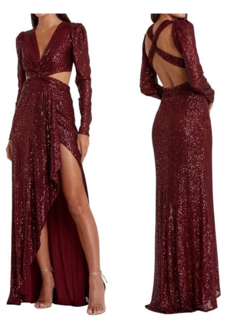 Ieena For Mac Duggal Wine Long Sleeves Sequin Evening Dress 26739 Size 8/ NWT